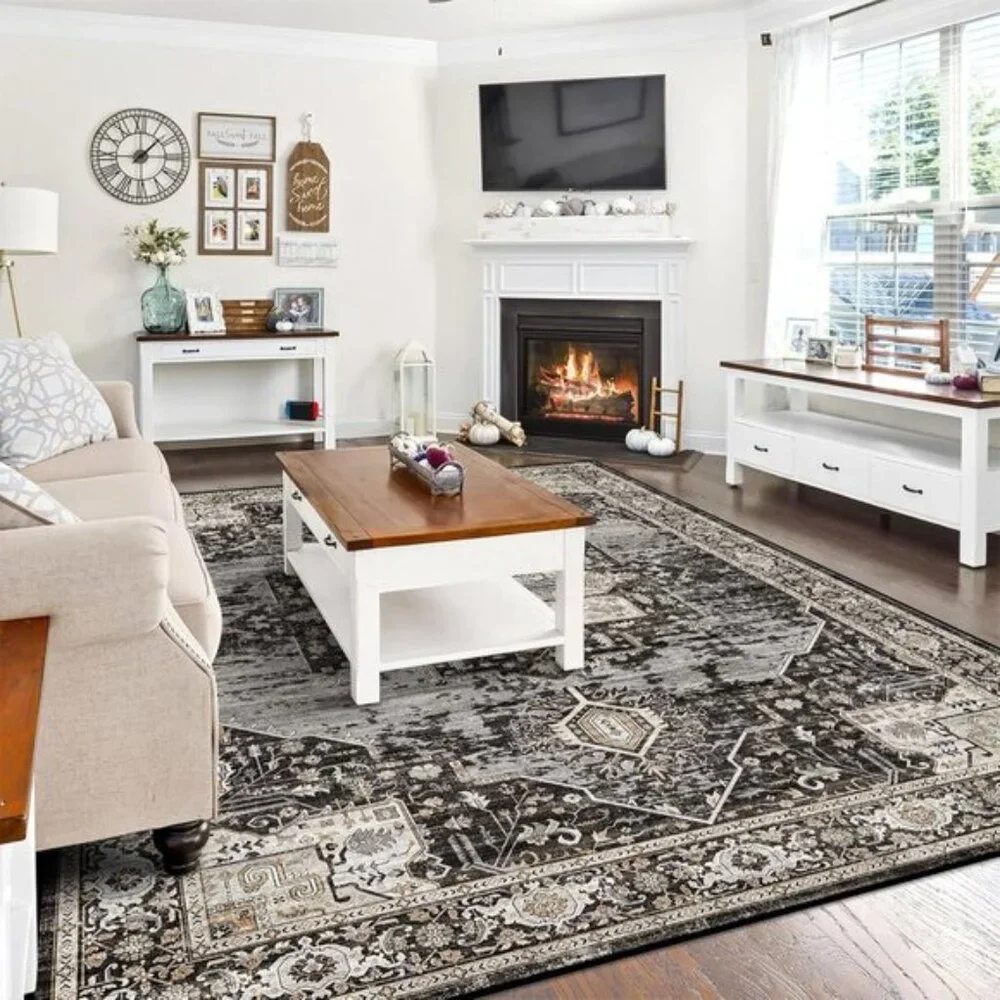 New 8x10 Black Vintage Rug, Washable Stain-Resistant Non-Slip Carpet for Home